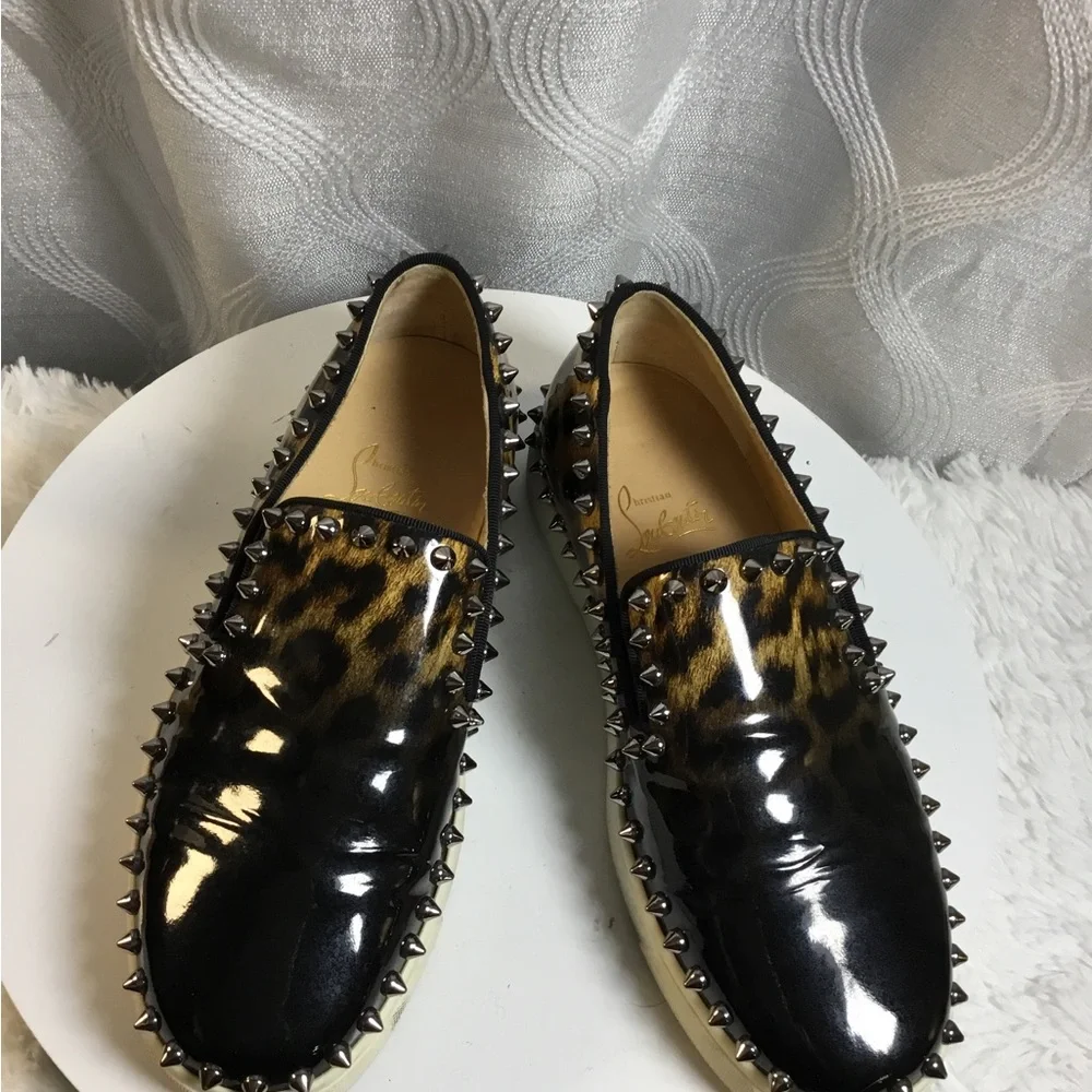 Christian Louboutin Black Patent & Leopard Spike Trim Slip-On Sneakers